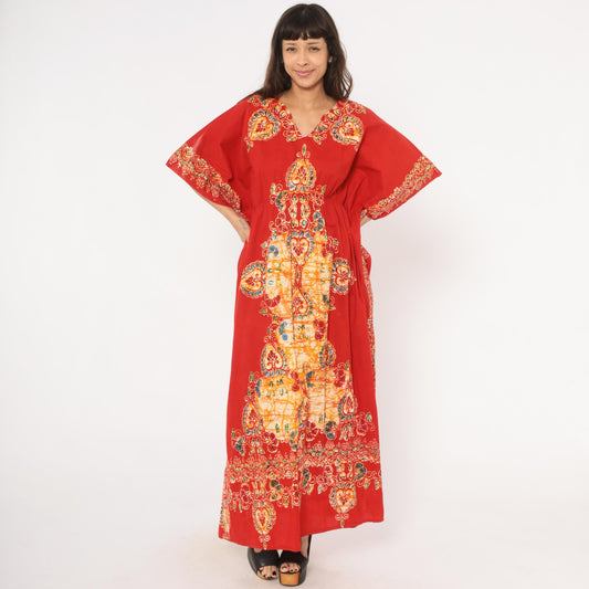 90s Red Paisley Batik Maxi Kaftan Empire Waist Flutter Sleeve Small Medium