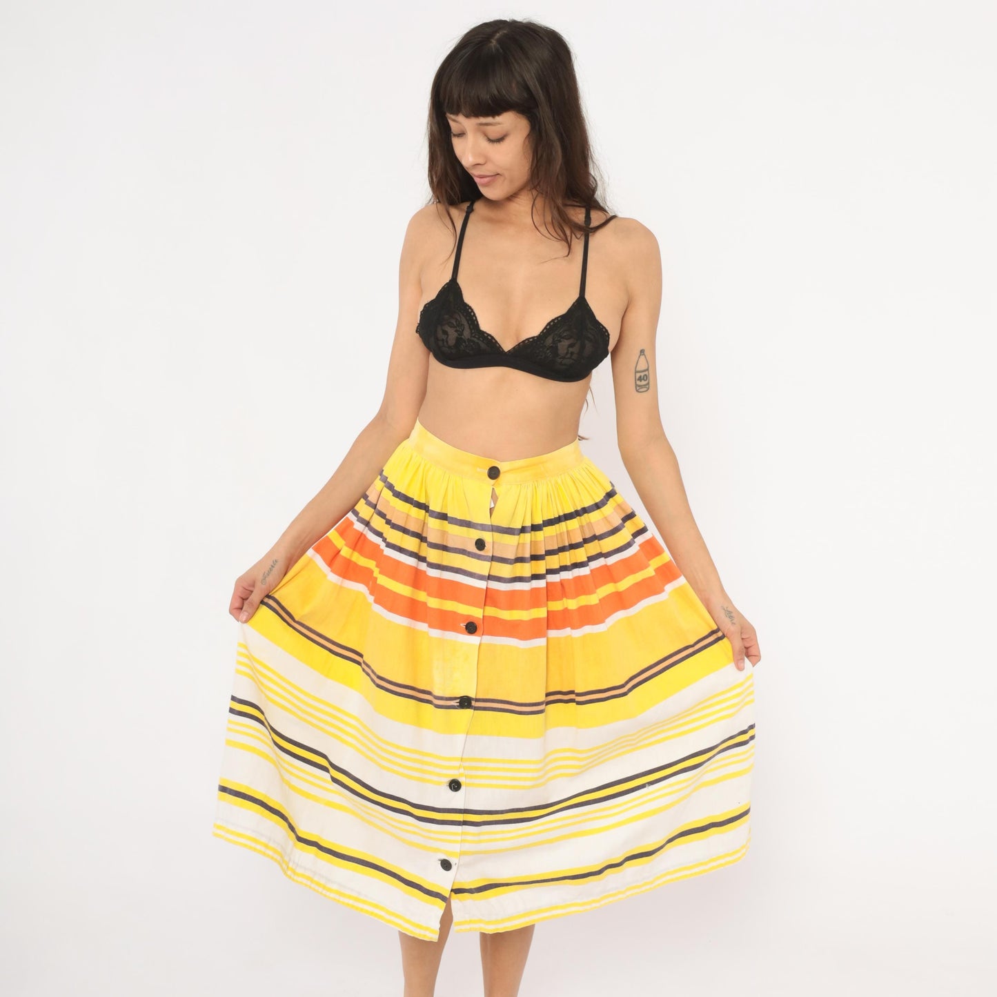 70s Striped Button Front Midi Skirt Yellow Orange Cotton Gathered Waist Small
