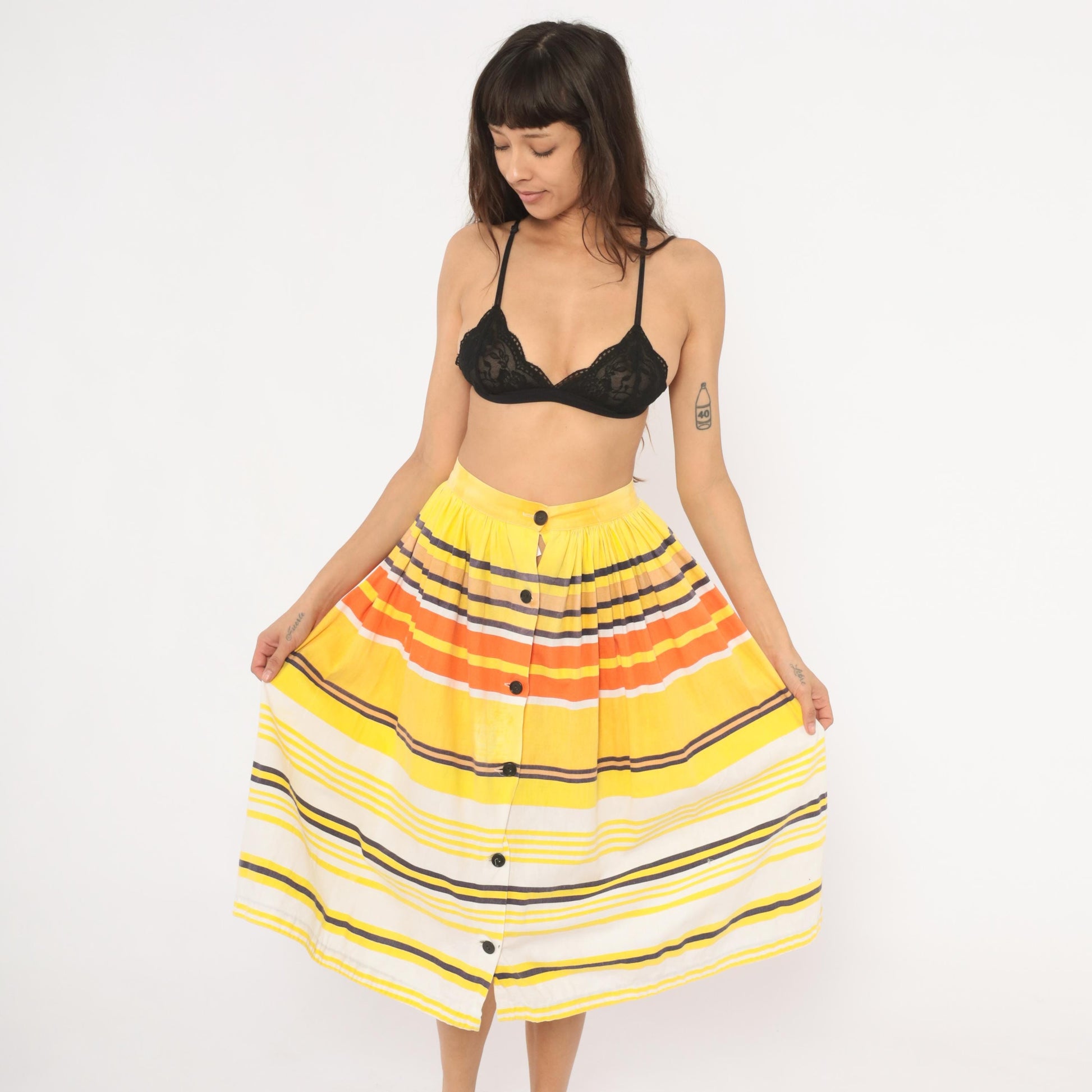 70s Striped Button Front Midi Skirt Yellow Orange Cotton Gathered Waist Small