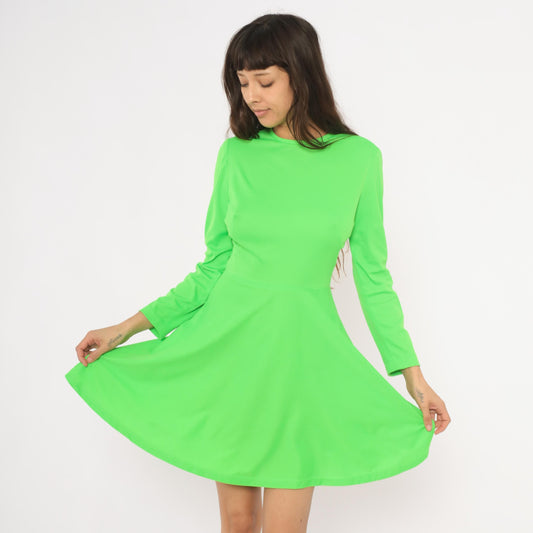 1970s Elegant Miss California Neon Green Mini Dress Long Sleeve A-Line Small S