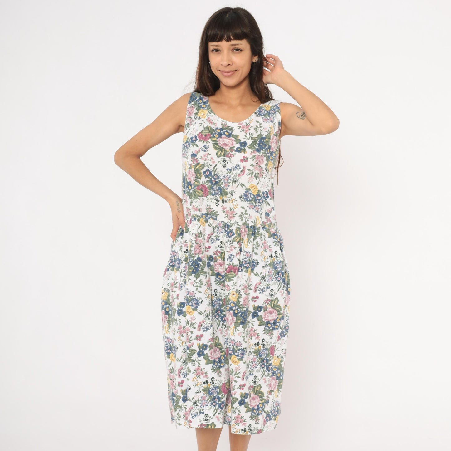 90s Erika Floral Sundress White Pink Blue Garden Print Cotton Small