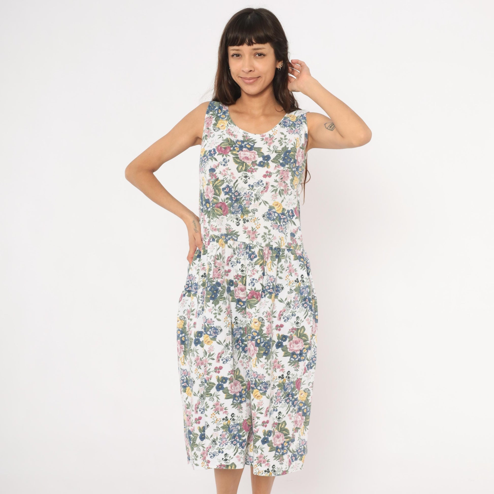 90s Erika Floral Sundress White Pink Blue Garden Print Cotton Small