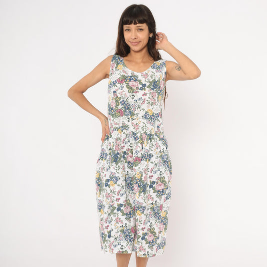 90s Erika Floral Sundress White Pink Blue Garden Print Cotton Small