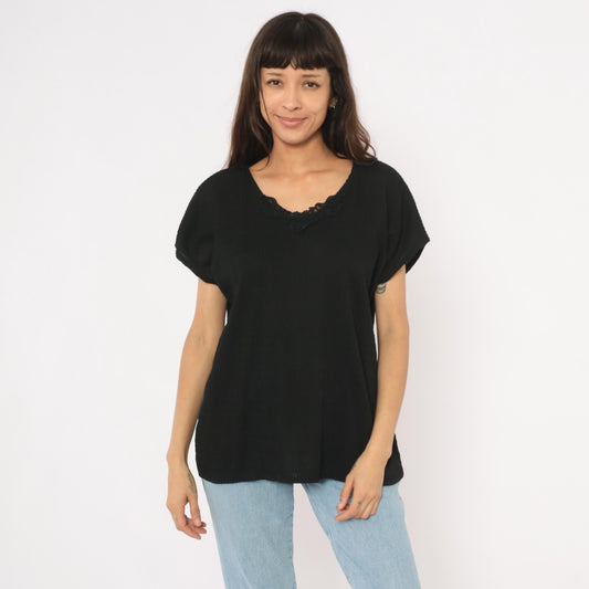 90s Copy Cats Black Lace Neckline Blouse Dolman Sleeve Tunic Extra Large XXL