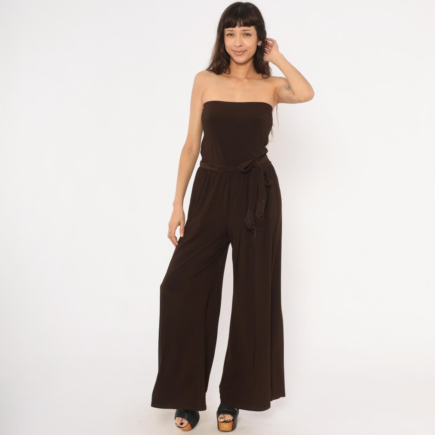 2000s MSK Chocolate Brown Strapless Jumpsuit Wide Leg Palazzo Medium M
