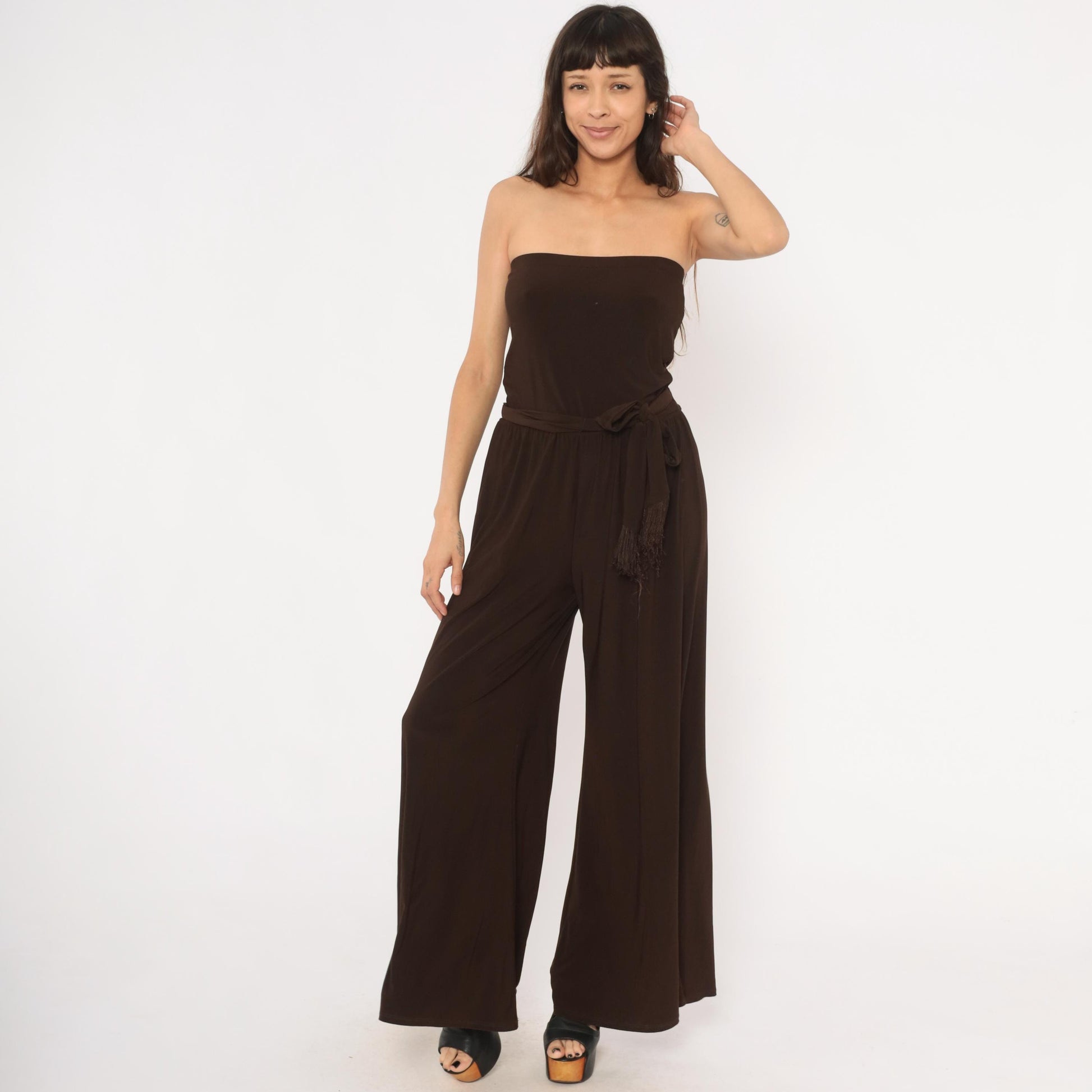 2000s MSK Chocolate Brown Strapless Jumpsuit Wide Leg Palazzo Medium M