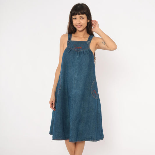 70s Joni Blair Denim Jumper Dress Blue Embroidered Pinafore XS