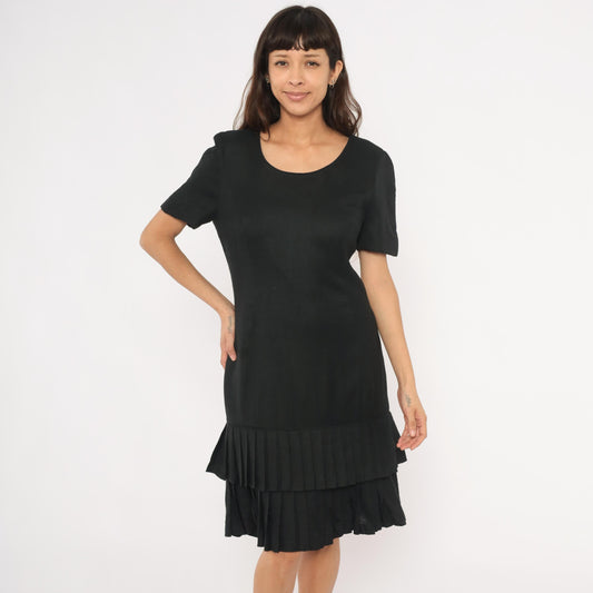 80s Carolina Herrera Black Knee-Length Dress Drop Waist Pleated Ruffle Medium
