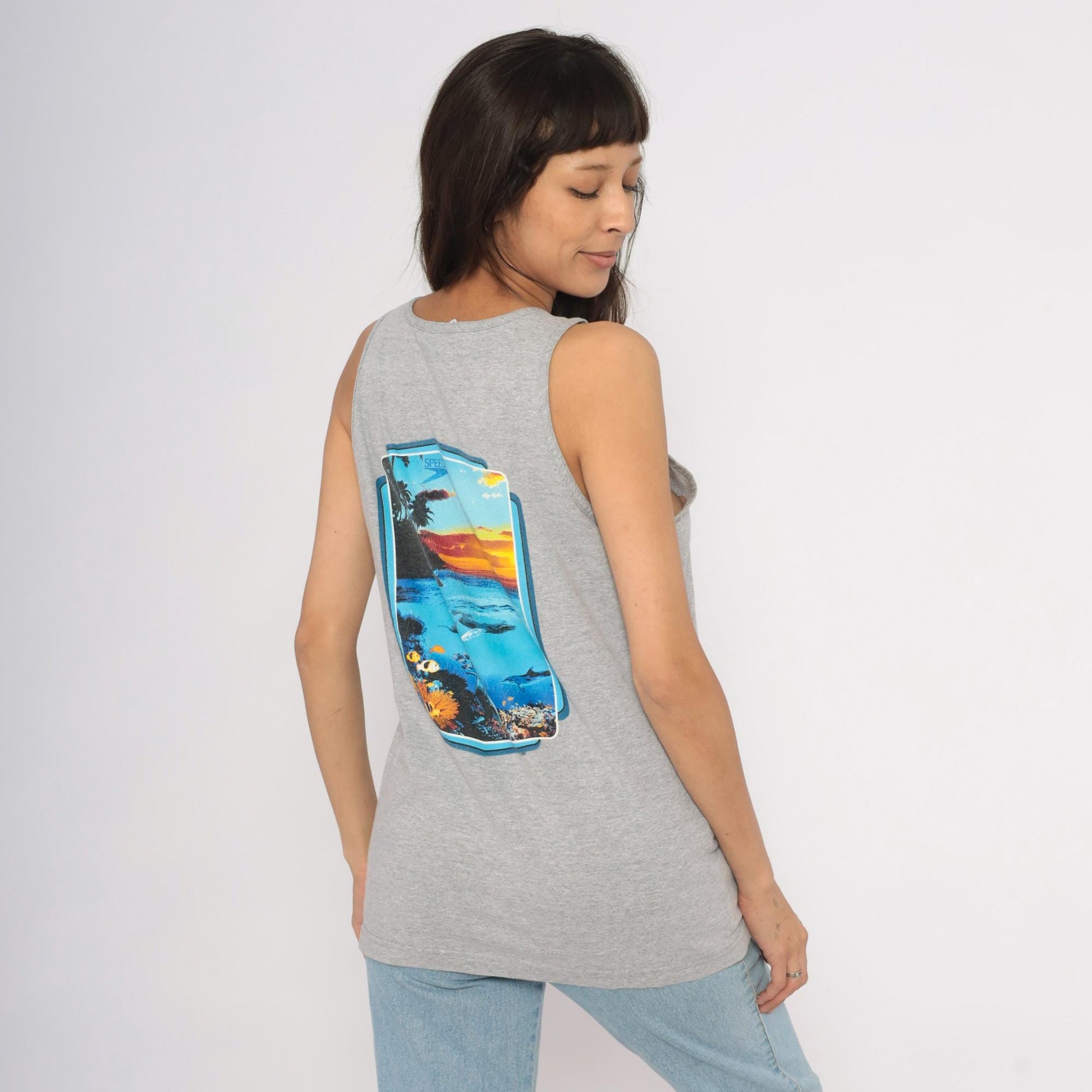 90s Speedo Tank Top Heather Grey Tropical Ocean Graphic Cotton Medium