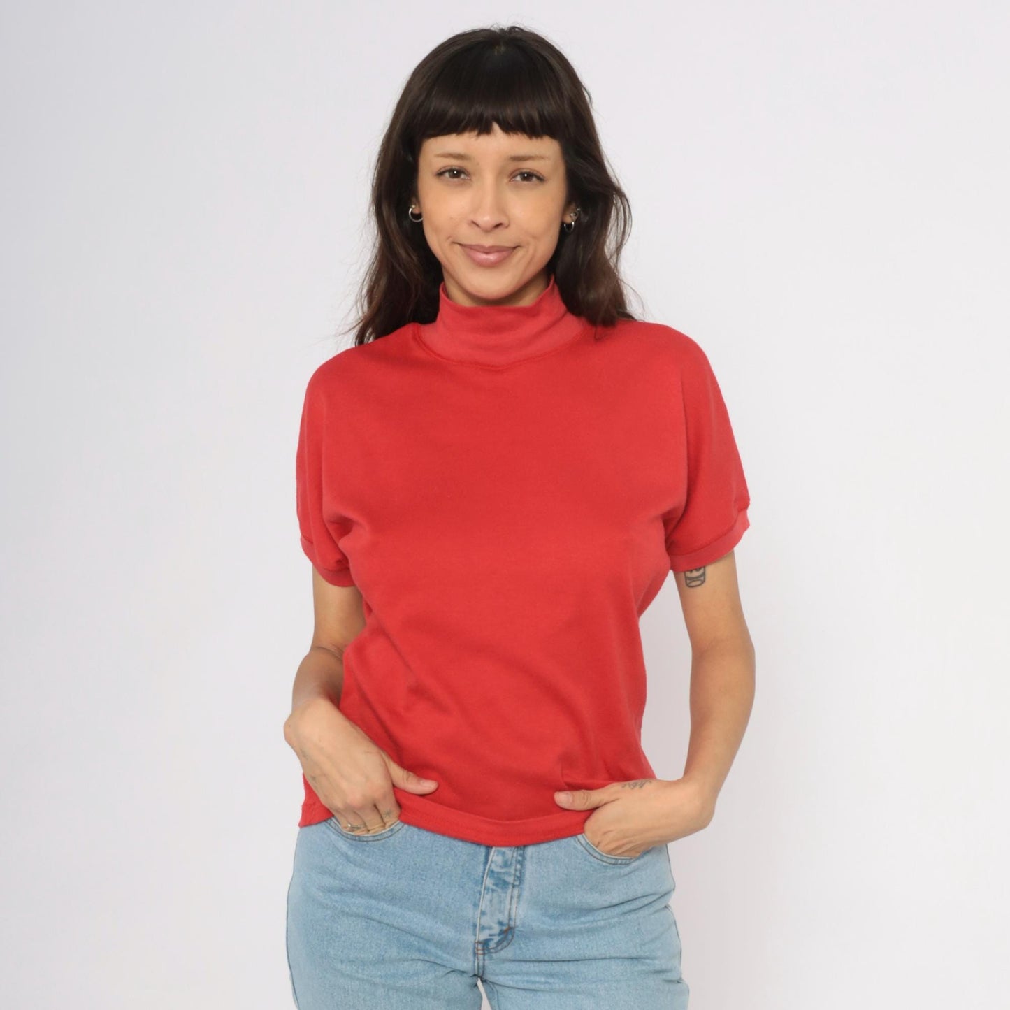 90s French Navy Red Mock Neck Cotton Tee Short Sleeve Medium M