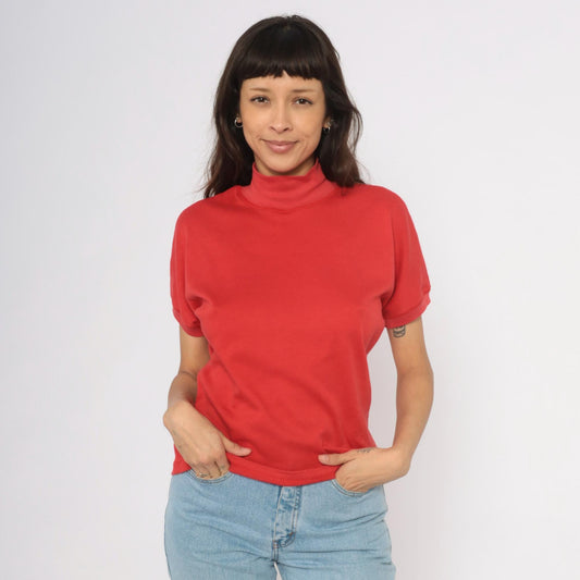 90s French Navy Red Mock Neck Cotton Tee Short Sleeve Medium M