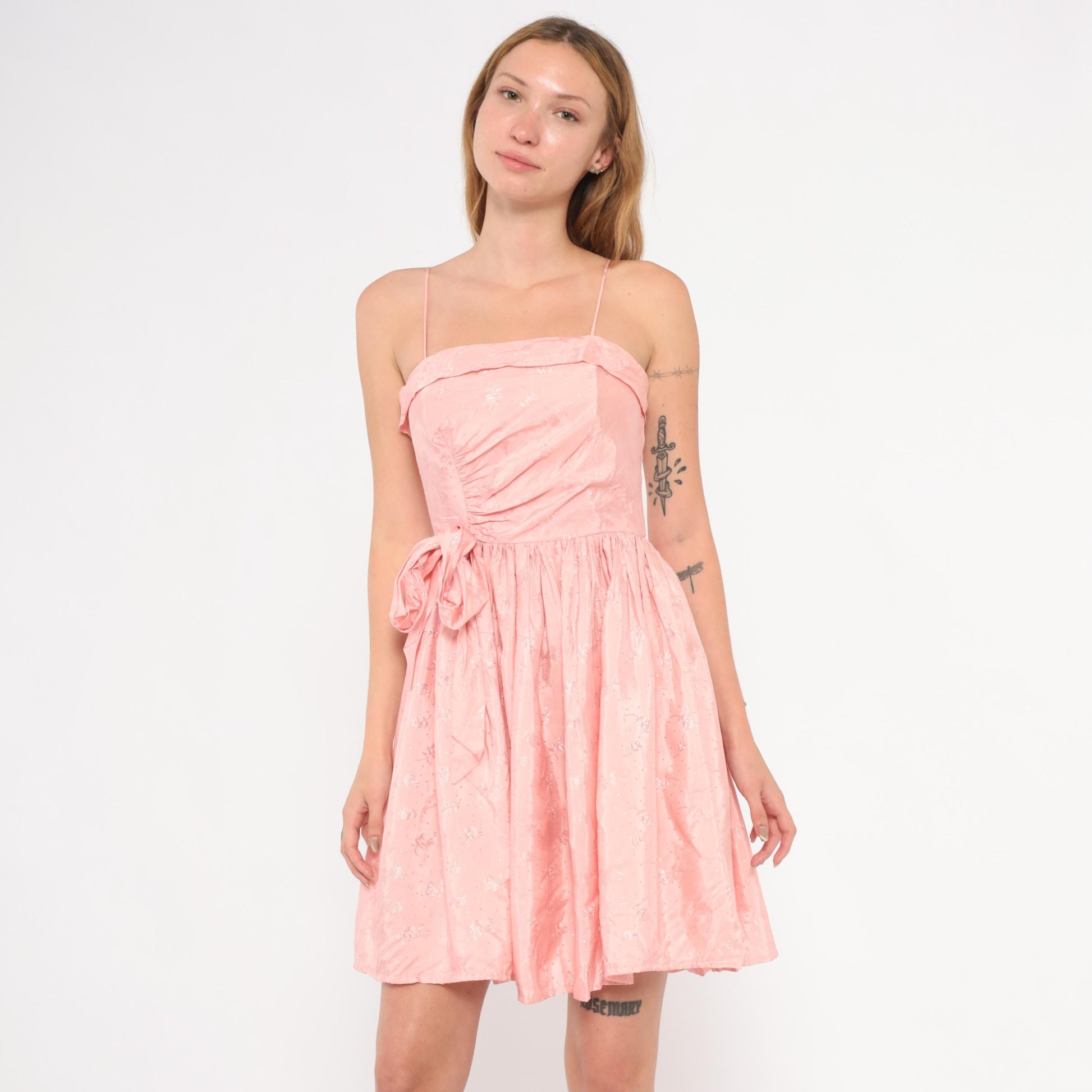 60s Pink Mini Dress Ruched Bodice Bow Waist Gathered Skirt Extra Small XS