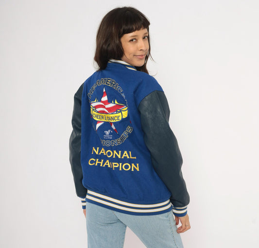 2000s Varsity Royal Blue Letterman Jacket Wool Leather Sleeve Championship Embroidered Small