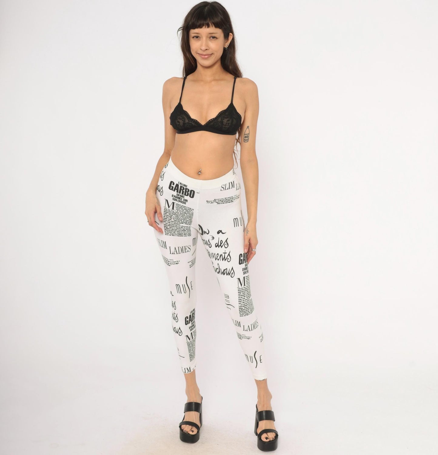 90s The Limited Newspaper Print Leggings Black White French Text XS