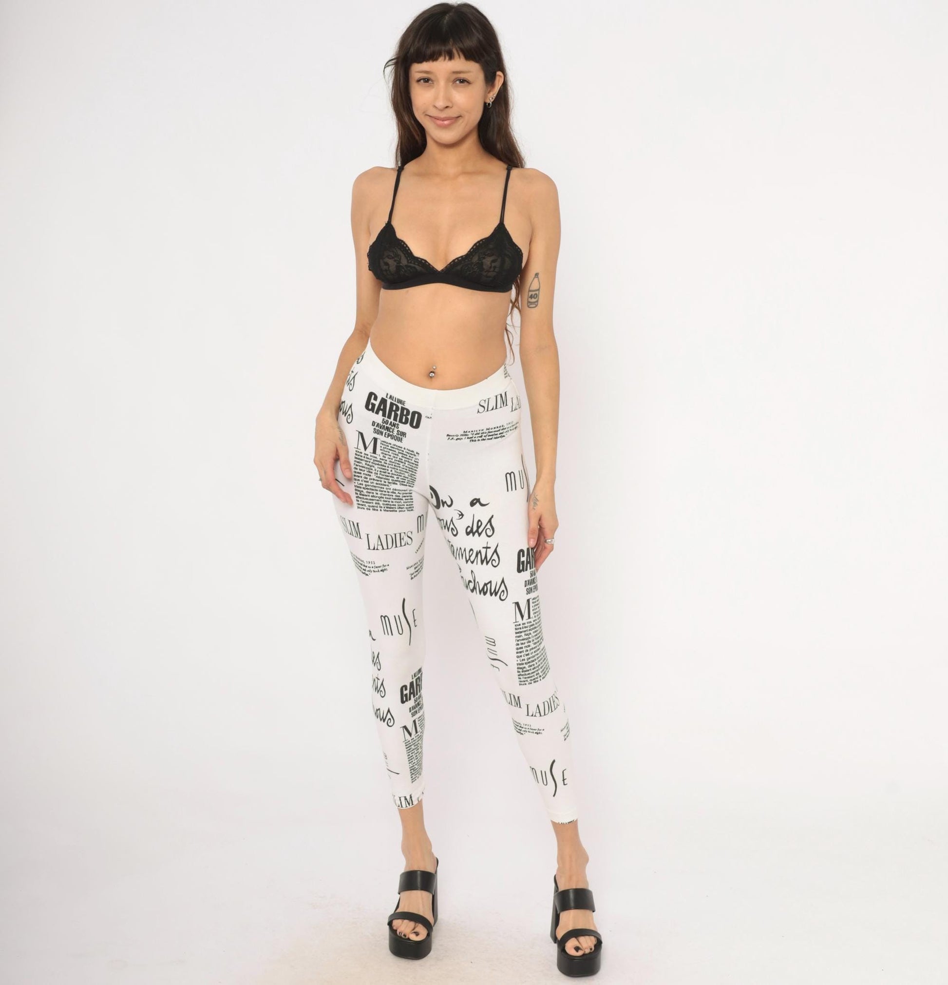 90s The Limited Newspaper Print Leggings Black White French Text XS