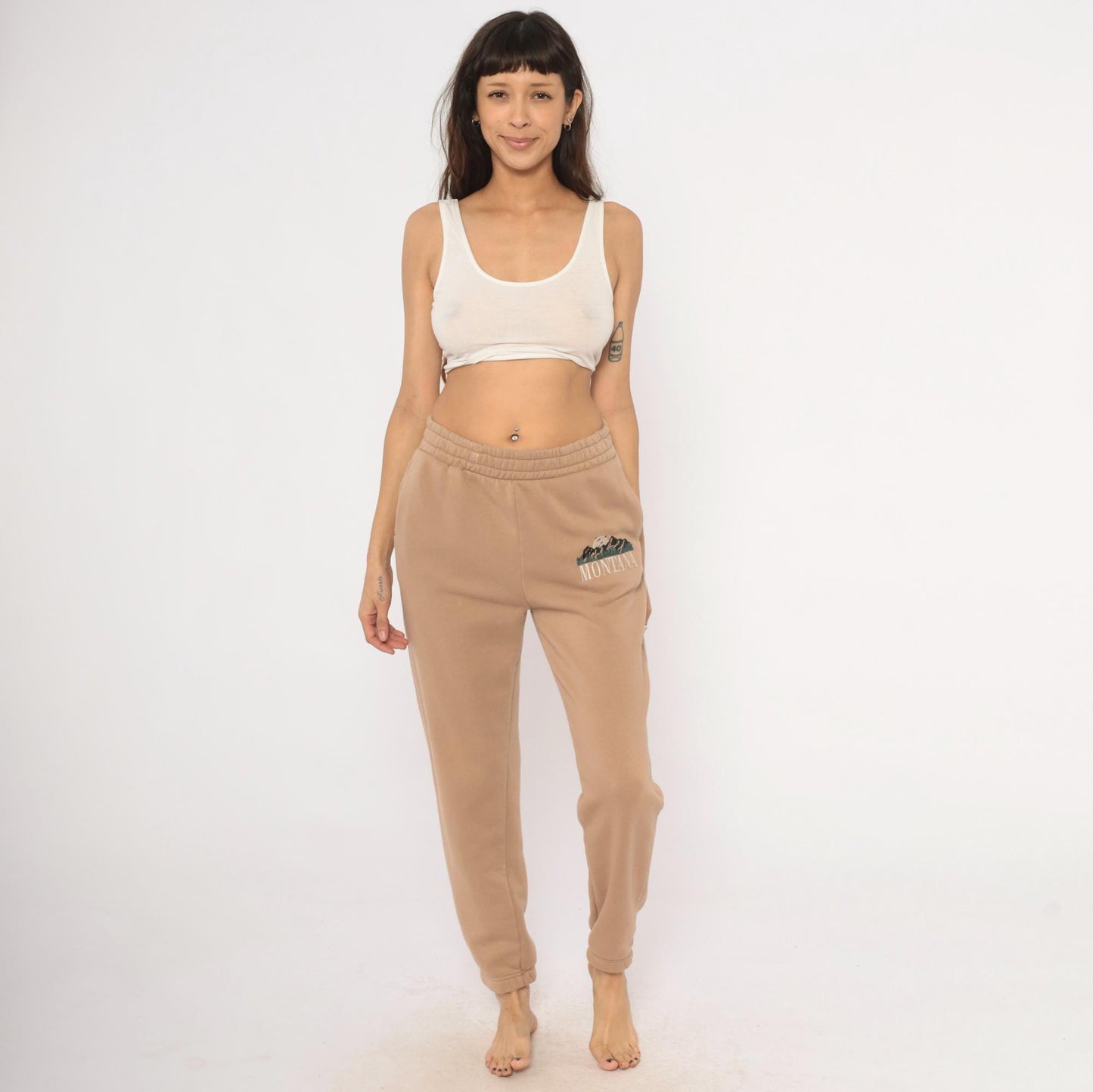 Y2K Montana Embroidered Joggers Tan Fleece Tapered Cuffed Small S