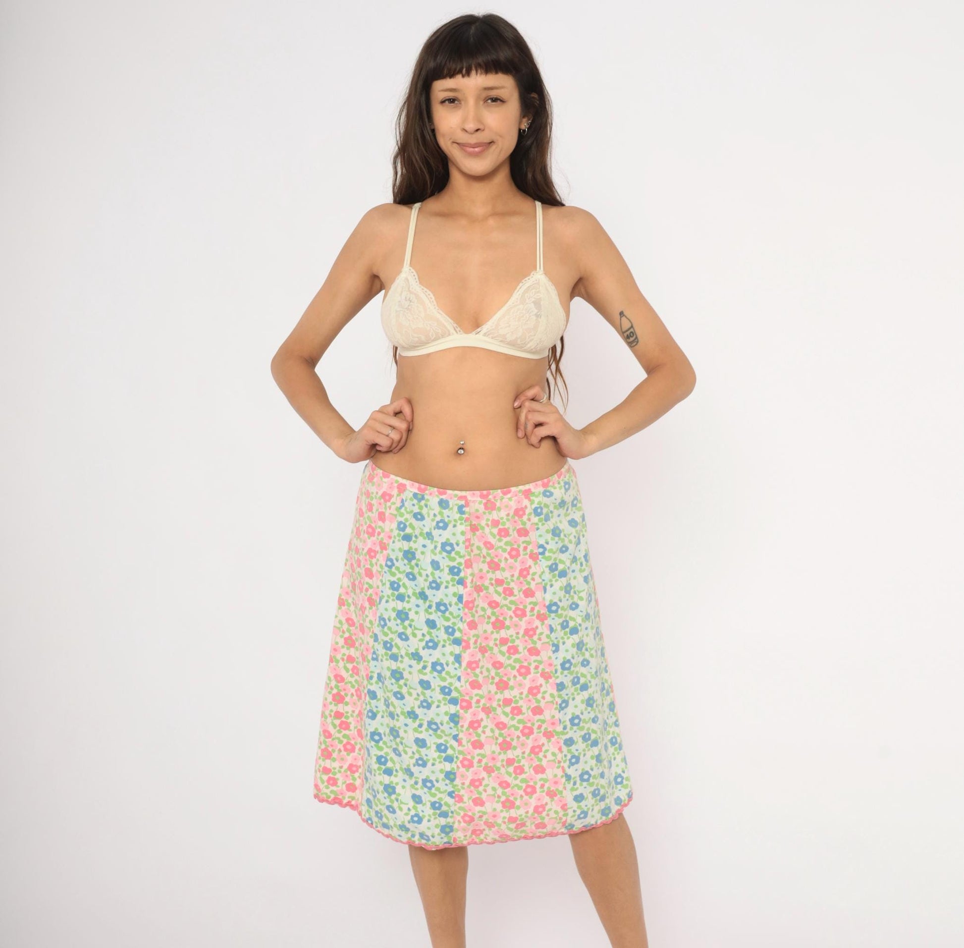 70s Floral A-Line Skirt Pink Blue Green Cotton Knee-Length Large L