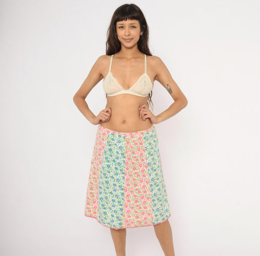70s Floral A-Line Skirt Pink Blue Green Cotton Knee-Length Large L