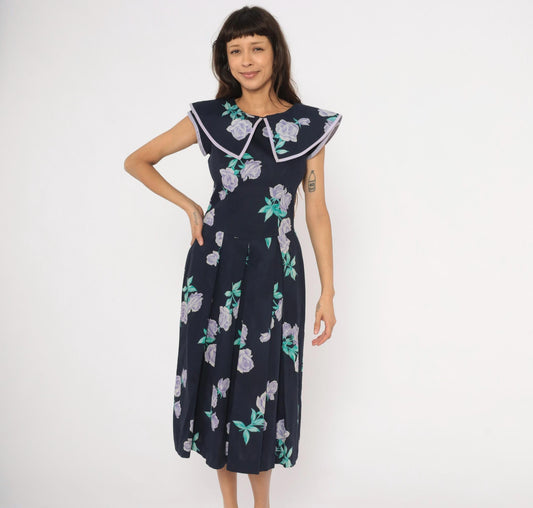 80s Kathryn Conover Floral Midi Dress Sailor Collar Cotton Purple Rose Extra Small XS