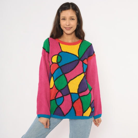 90s Reference Point Stained Glass Abstract Knit Pullover Multicolor Small