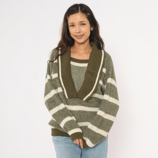 80s Olive Cream Striped Shawl Collar Sweater Knit Pullover Medium