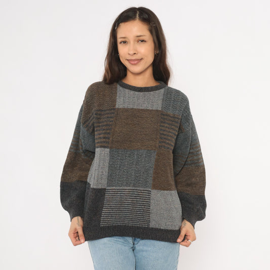 90s Bill Blass Patchwork Knit Sweater Brown Charcoal Colorblock Medium M