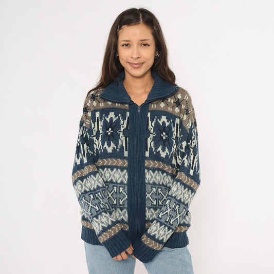 80s London Fog Fair Isle Zip Cardigan Navy Taupe Cream Snowflake Medium