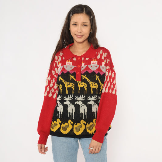 90s Animal Intarsia Knit Sweater Red Black Giraffe Moose Duck Collared Henley Medium M