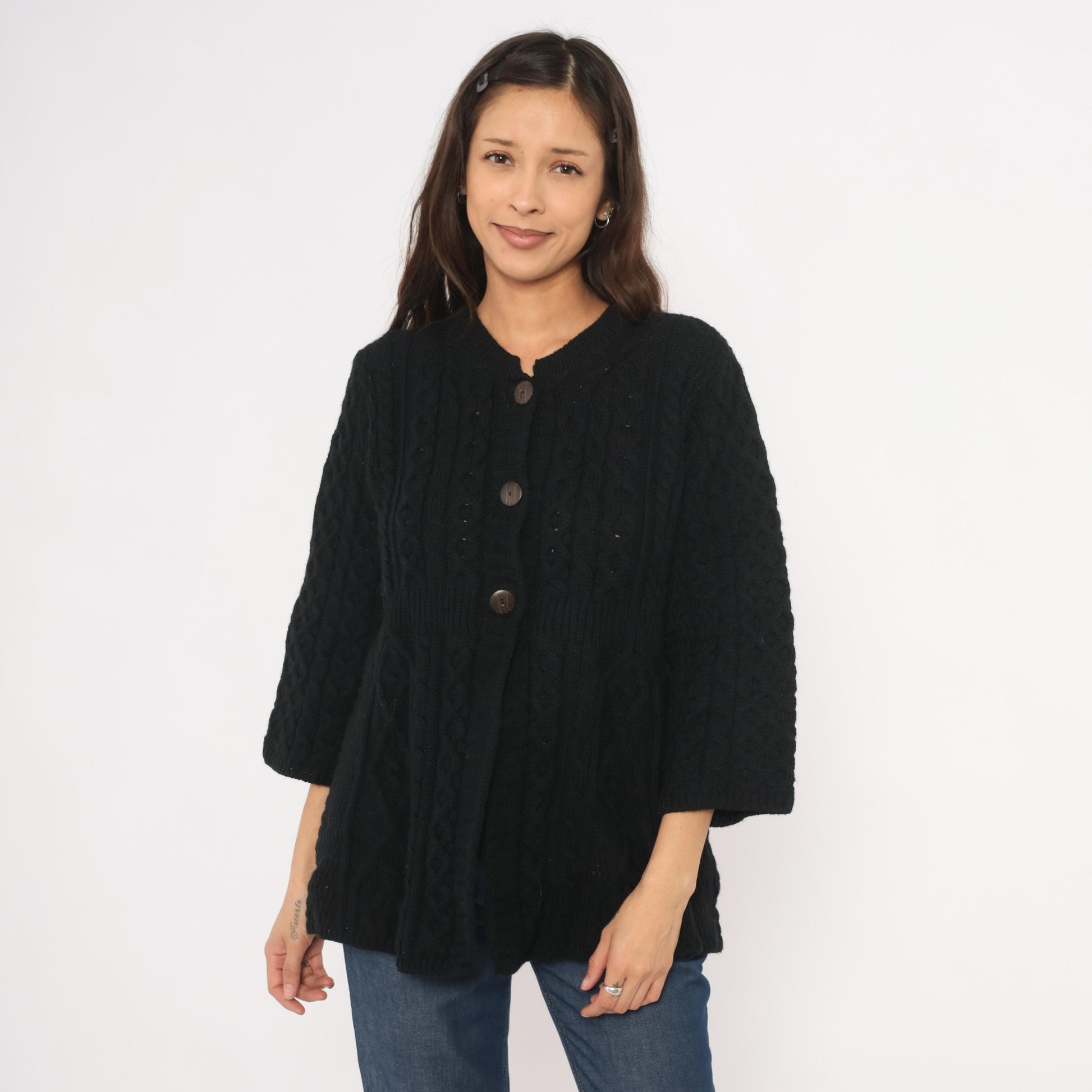 90s Kilronan Knitwear Black Cable Knit Cardigan Wool Crew Neck Medium M