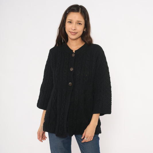 90s Kilronan Knitwear Black Cable Knit Cardigan Wool Crew Neck Medium M