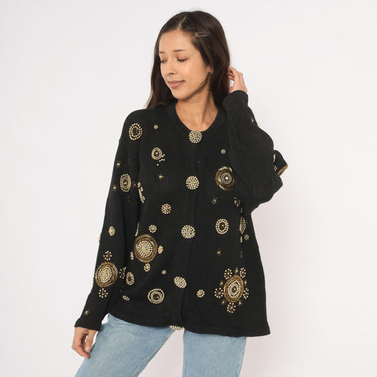 90s Fitting Image Black Cardigan Gold Beaded Medallion Embroidery Extra Large XL