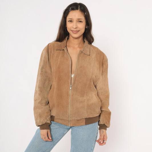 80s Tan Suede Bomber Jacket Zip Front Pointed Collar Ribbed Cuff Medium