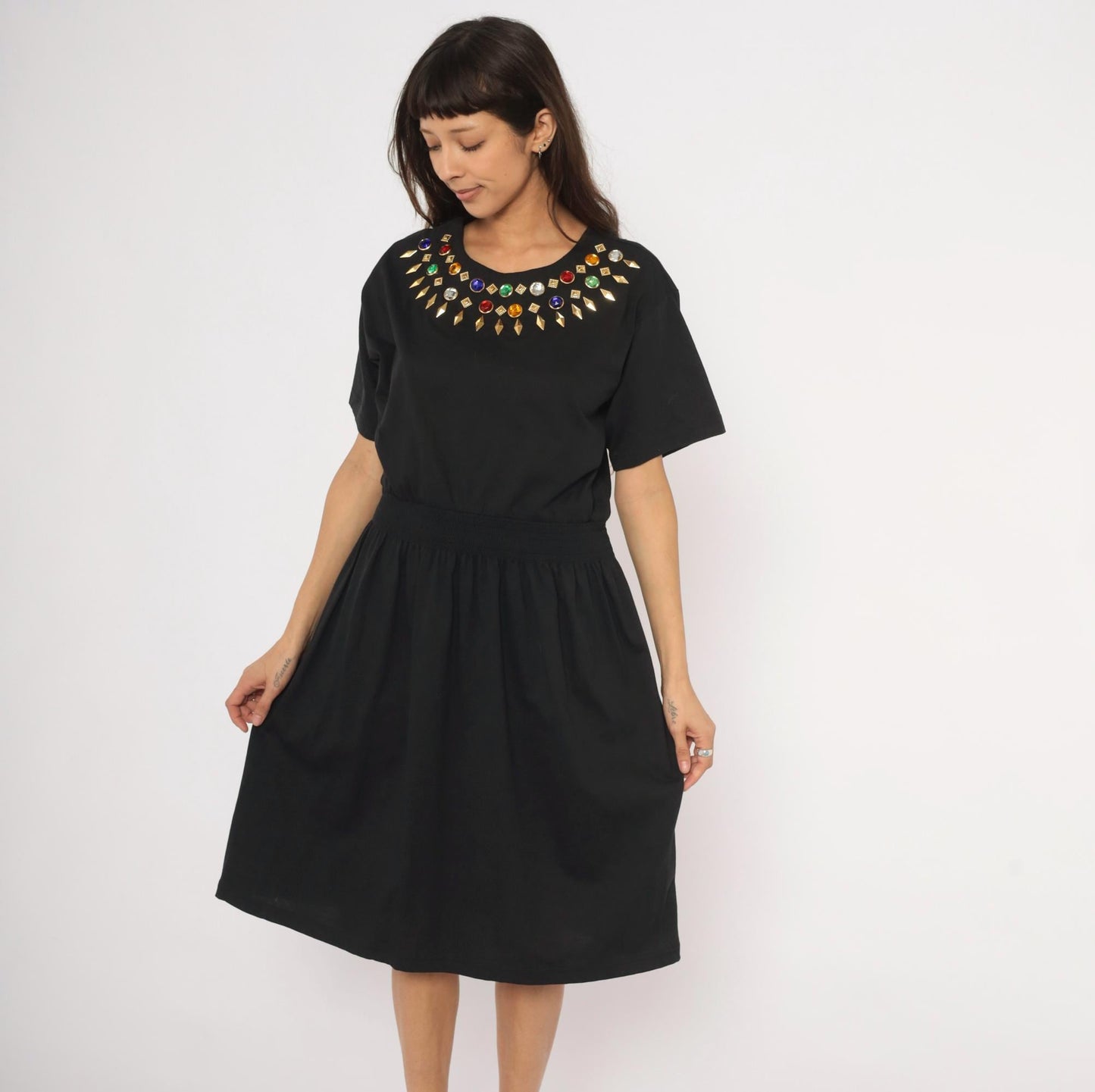 90s Cervelle Black Knee-Length Dress Rhinestone Jeweled Neckline Cotton Large L