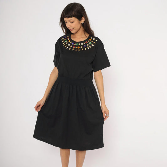 90s Cervelle Black Knee-Length Dress Rhinestone Jeweled Neckline Cotton Large L