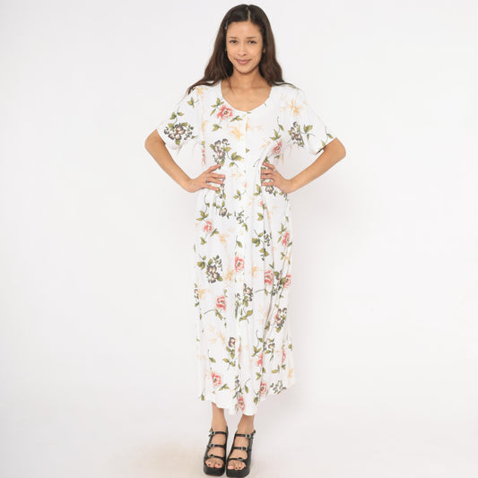 90s Bizzit Floral Maxi Dress White Pink Roses Short Sleeve Empire Waist Medium