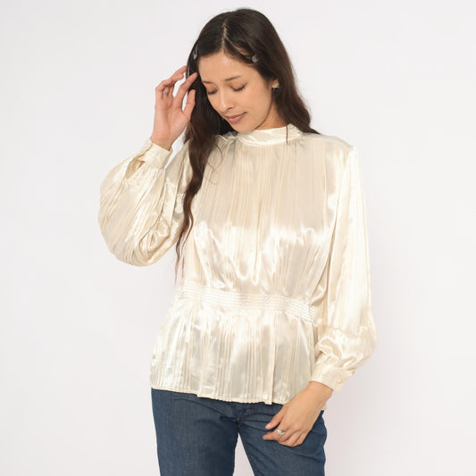 80s Nilani Ivory Satin Blouse Peplum High Neck Bishop Sleeve Small