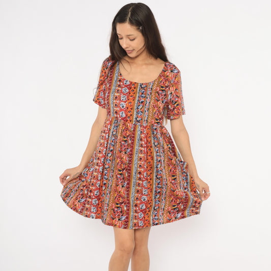 90s Pellini Babydoll Mini Dress Tribal Floral Stripe Rust Blue Small