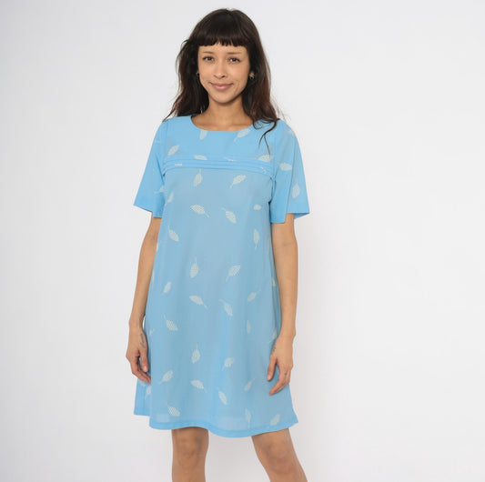 80s Sky Blue Leaf Shift Dress White Scattered Pattern Pintuck Medium