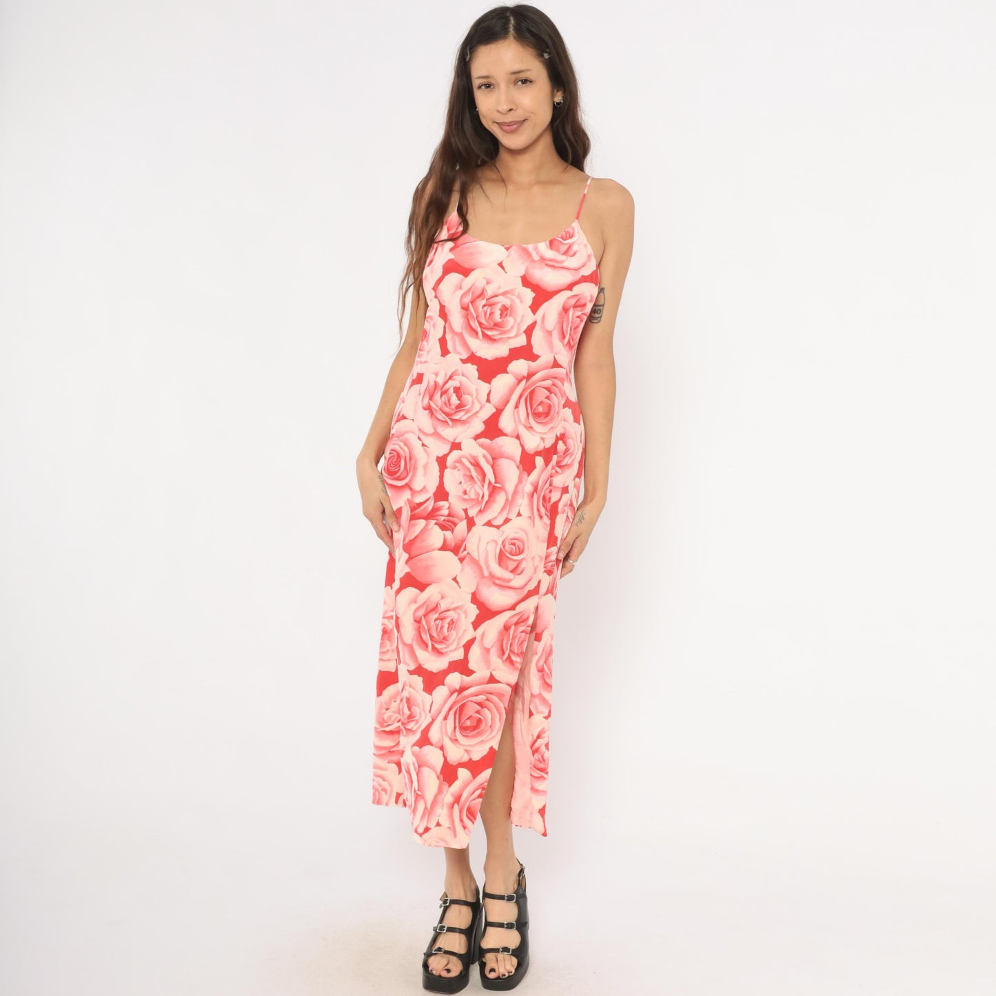 Y2K Neiman Marcus Silk Rose Print Slip Dress Pink Red Midi Slit Small S