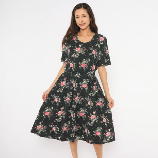 90s Black Midi Dress Pink Rose Floral Print Elastic Waist Cotton Medium M
