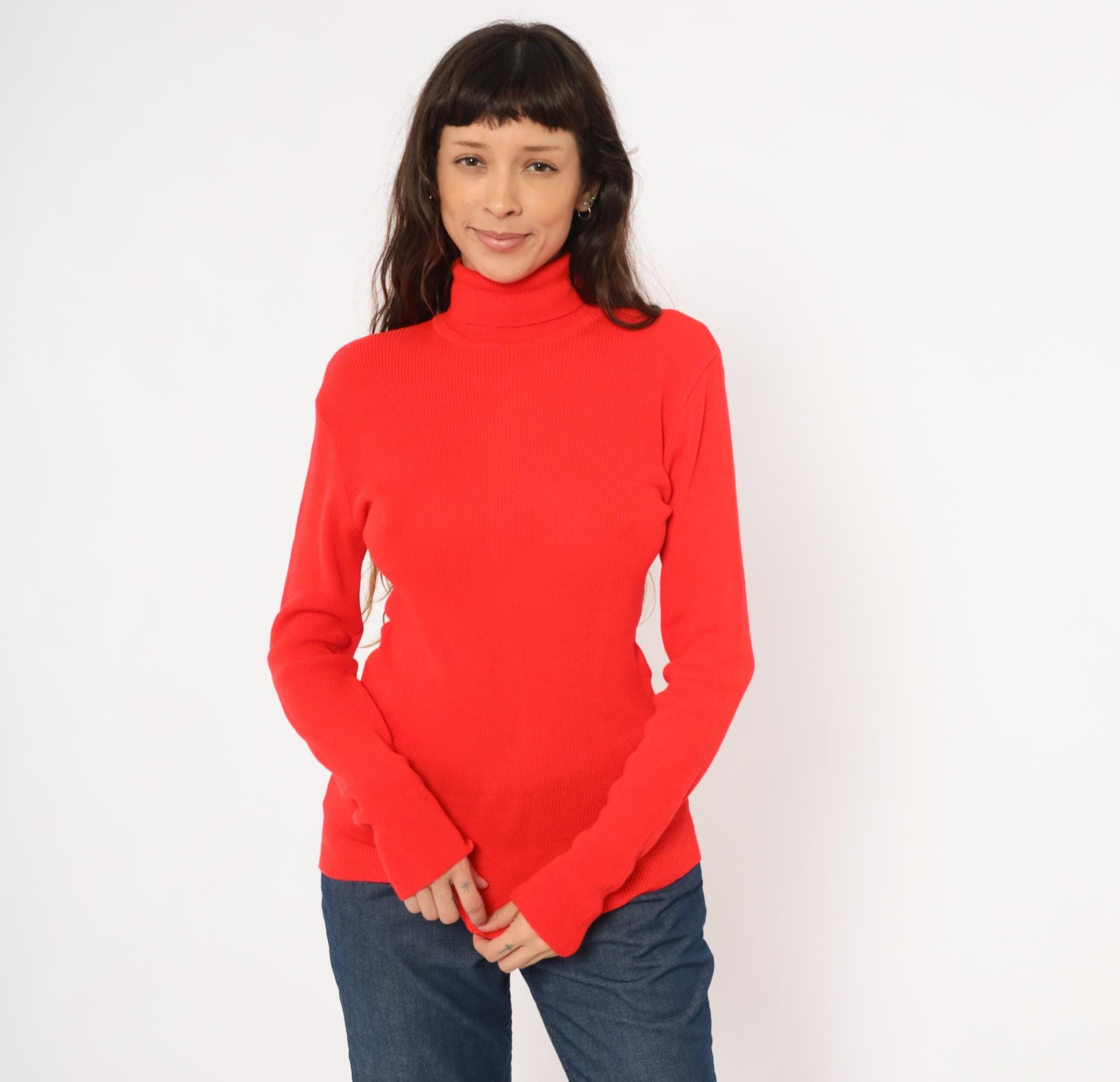 70s Red Turtleneck Sweater Ribbed Knit Pullover Button Cuff Medium Large