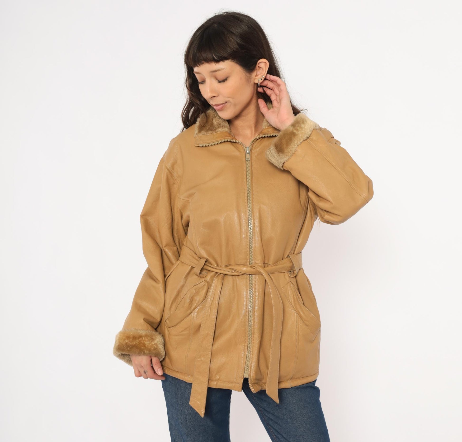 2000s Mny Tan Leather Jacket Fur-Trimmed Collar Belted Hip-Length Small S