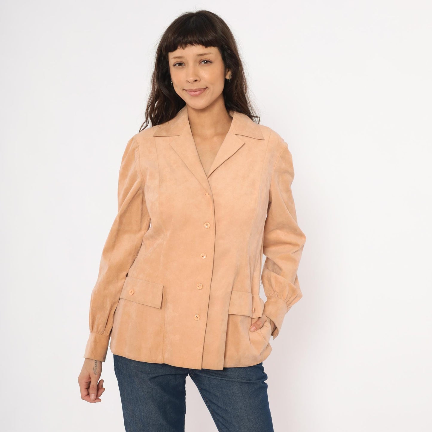 80s Mollie Parnis Tan Suede Blazer Patch Pocket Gathered Cuff Medium M
