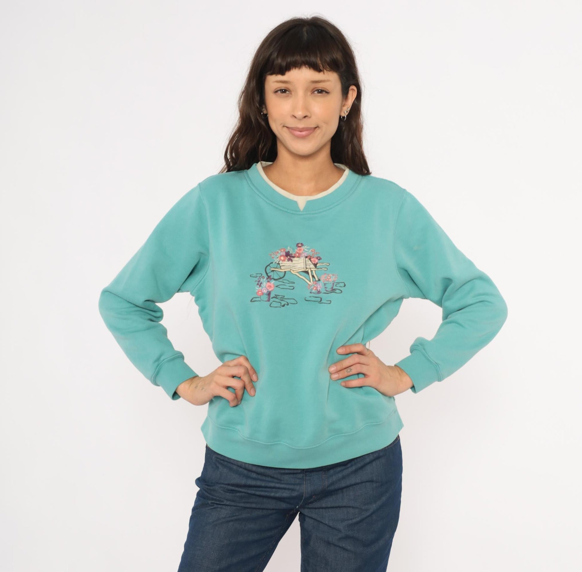 90s Shenanigans Embroidered Garden Wheelbarrow Sweatshirt Teal Medium