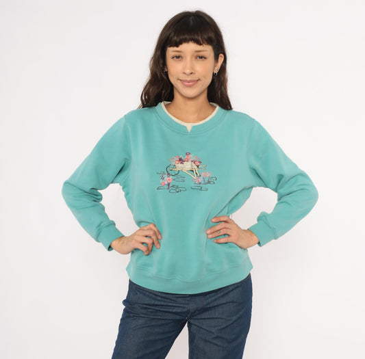 90s Shenanigans Embroidered Garden Wheelbarrow Sweatshirt Teal Medium