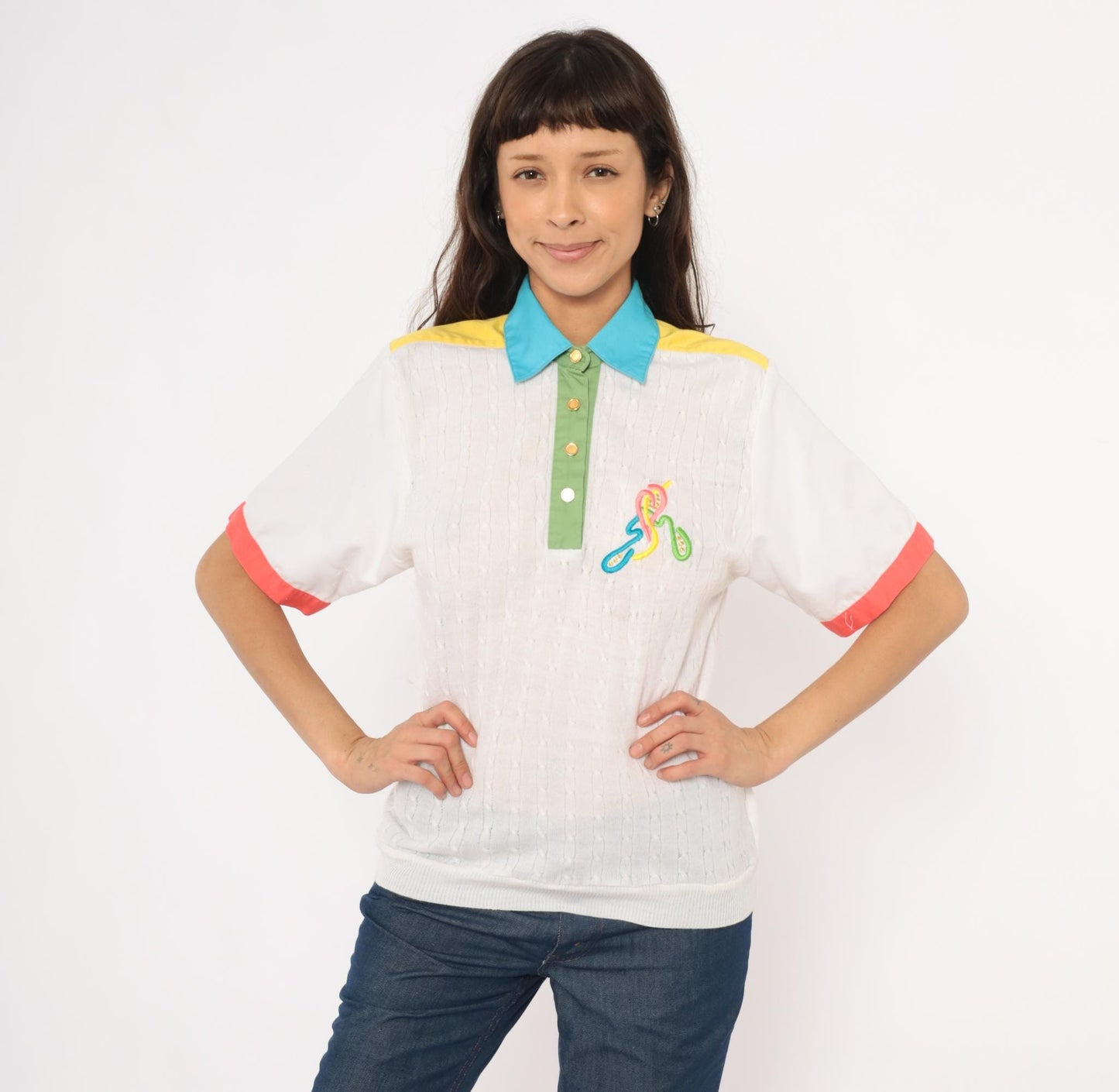 80s Joyce Colorblock Cable Knit Polo Embroidered Multicolor Medium