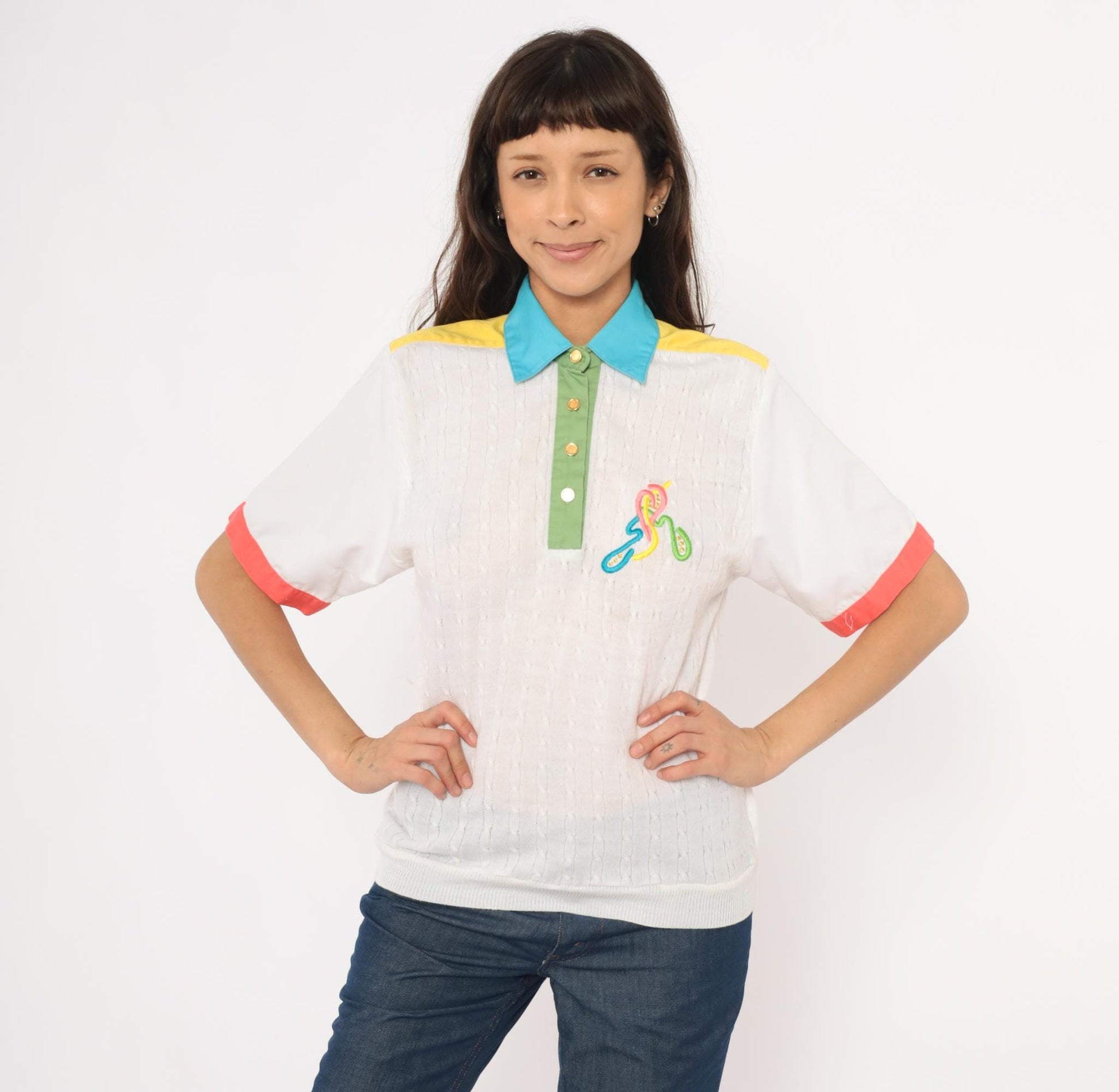 80s Joyce Colorblock Cable Knit Polo Embroidered Multicolor Medium