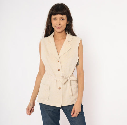 70s Cream Belted Vest Notched Lapel Button Front Tailored Waistcoat Medium