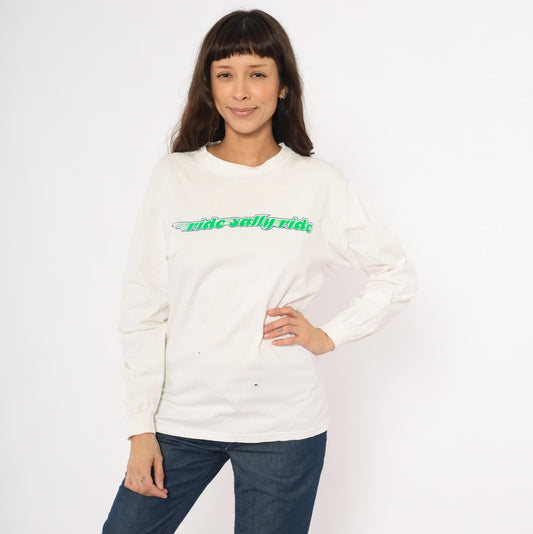 90s Hanes Ride Sally Ride Long Sleeve Tee Green Blue Wing Graphic White Medium M