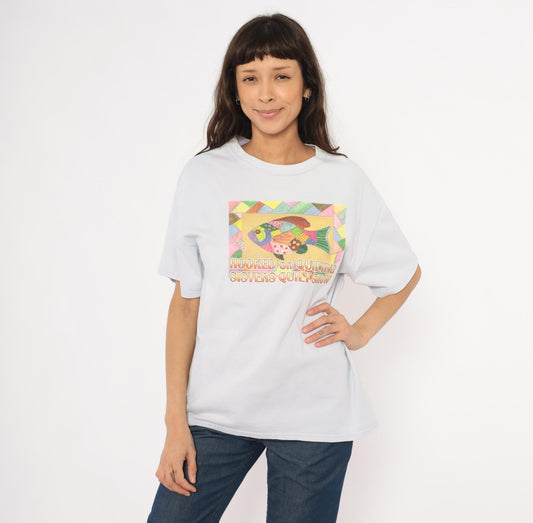 90s Gildan Fish Graphic Tee Quilted Sisters Quilt Show Pale Blue Large L